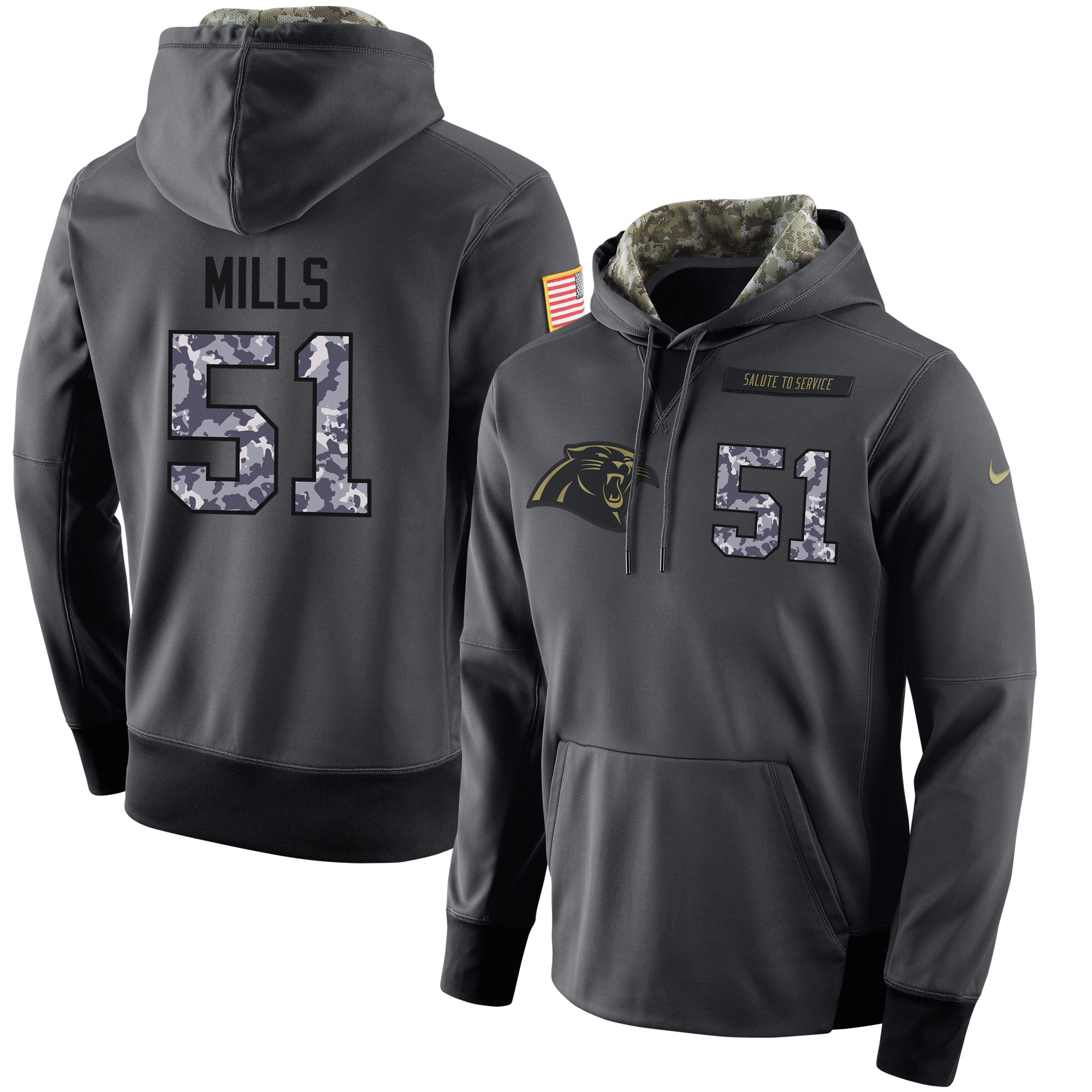 NFL Men's Nike Carolina Panthers #51 Sam Mills Stitched Black Anthracite Salute to Service Player Performance Hoodie - Click Image to Close